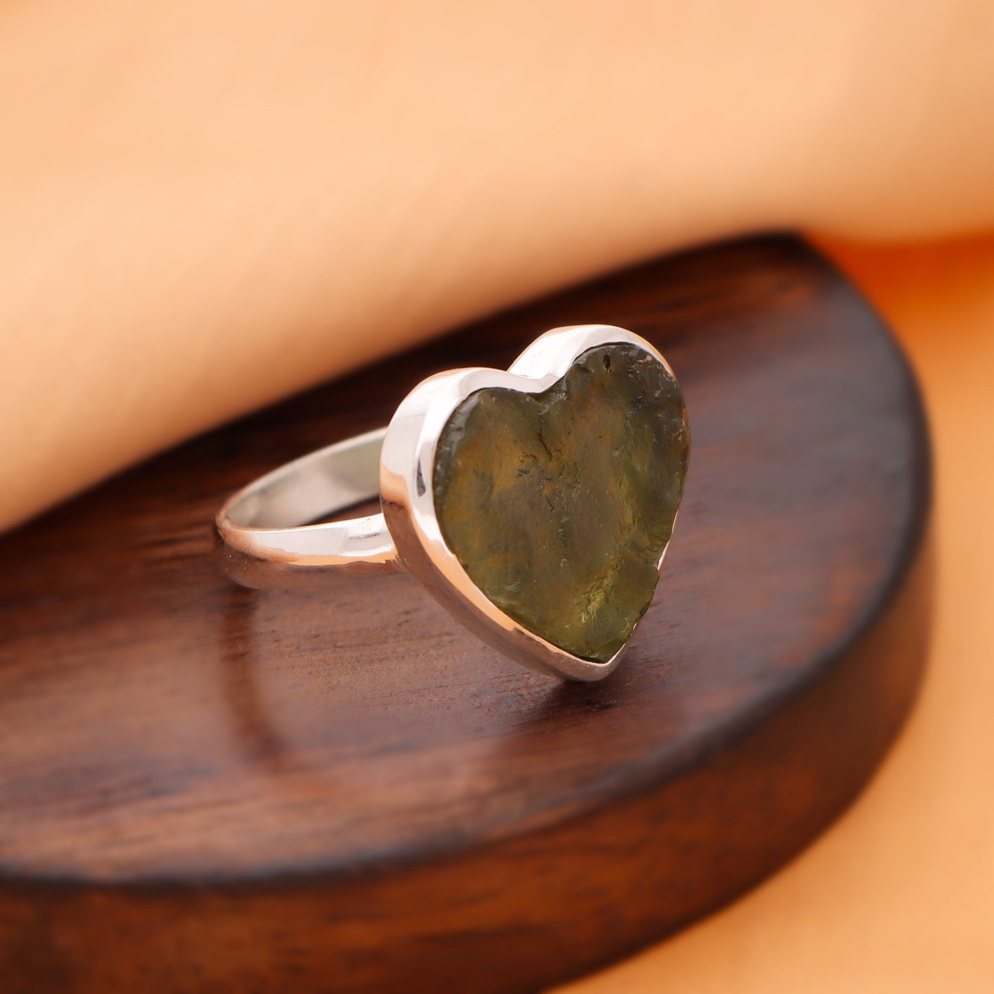 925 Sterling Silver Authentic Moldavite Heart Shape Gemstone Ring Gift For Her