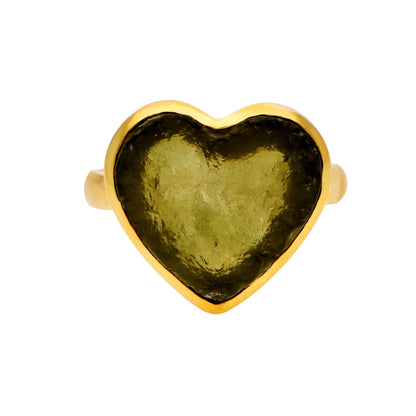 925 Sterling Silver Gold Plated Genuine Moldavite Heart Ring