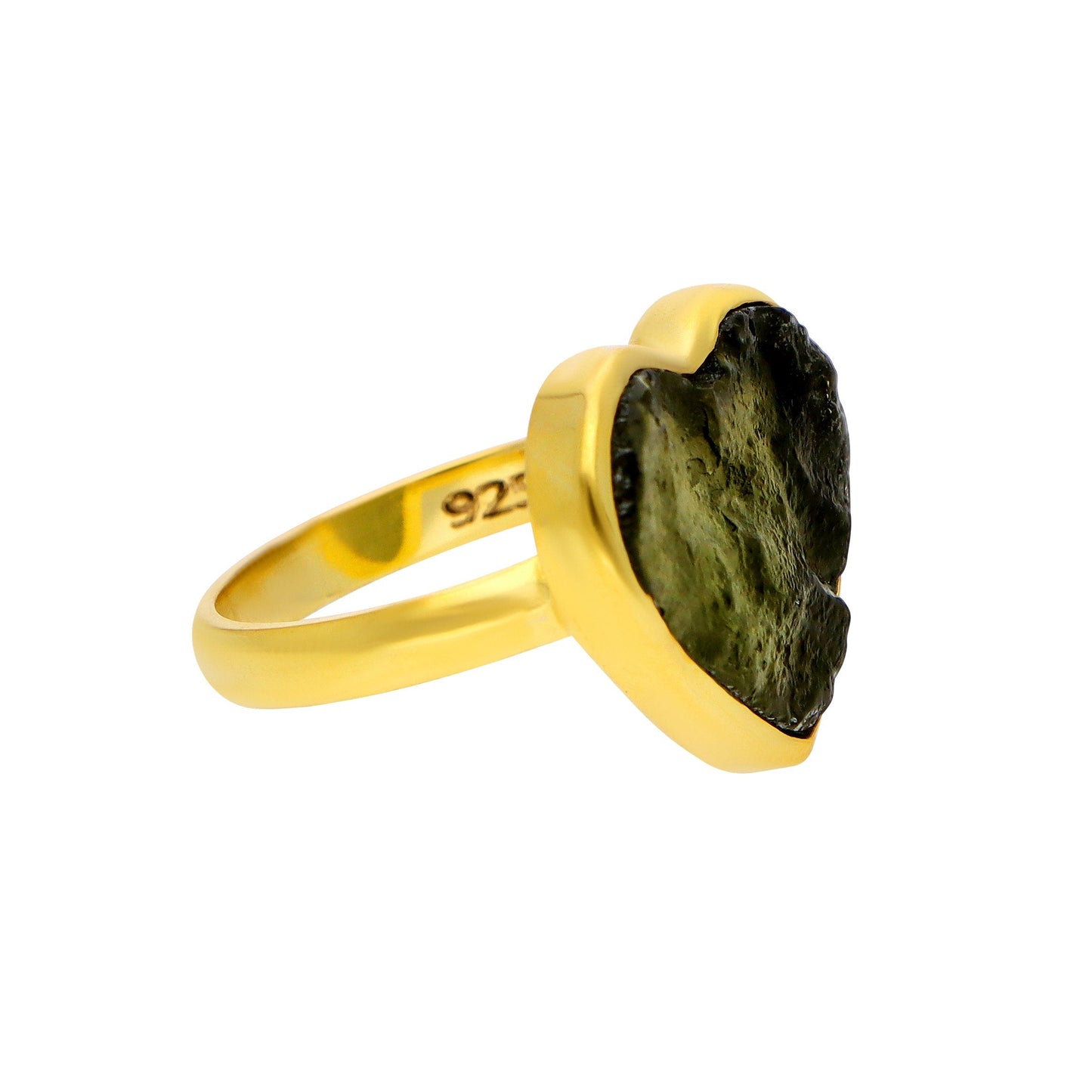 925 Sterling Silver Gold Plated Genuine Moldavite Heart Ring