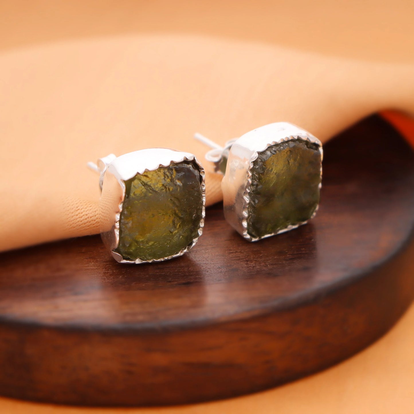 Czech Moldavite Gemstone 925 Sterling Silver Minimalist Stud Earrings