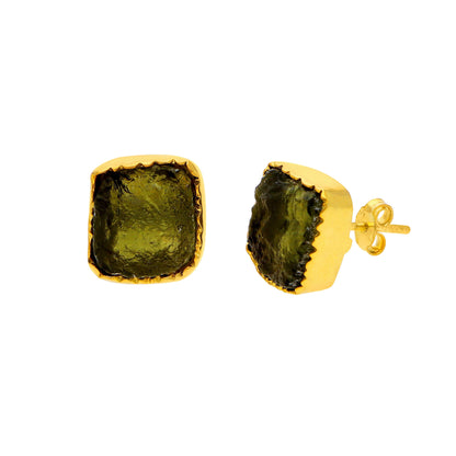 925 Silver Gold Plated Moldavite Gemstone Minimalist Stud Earrings