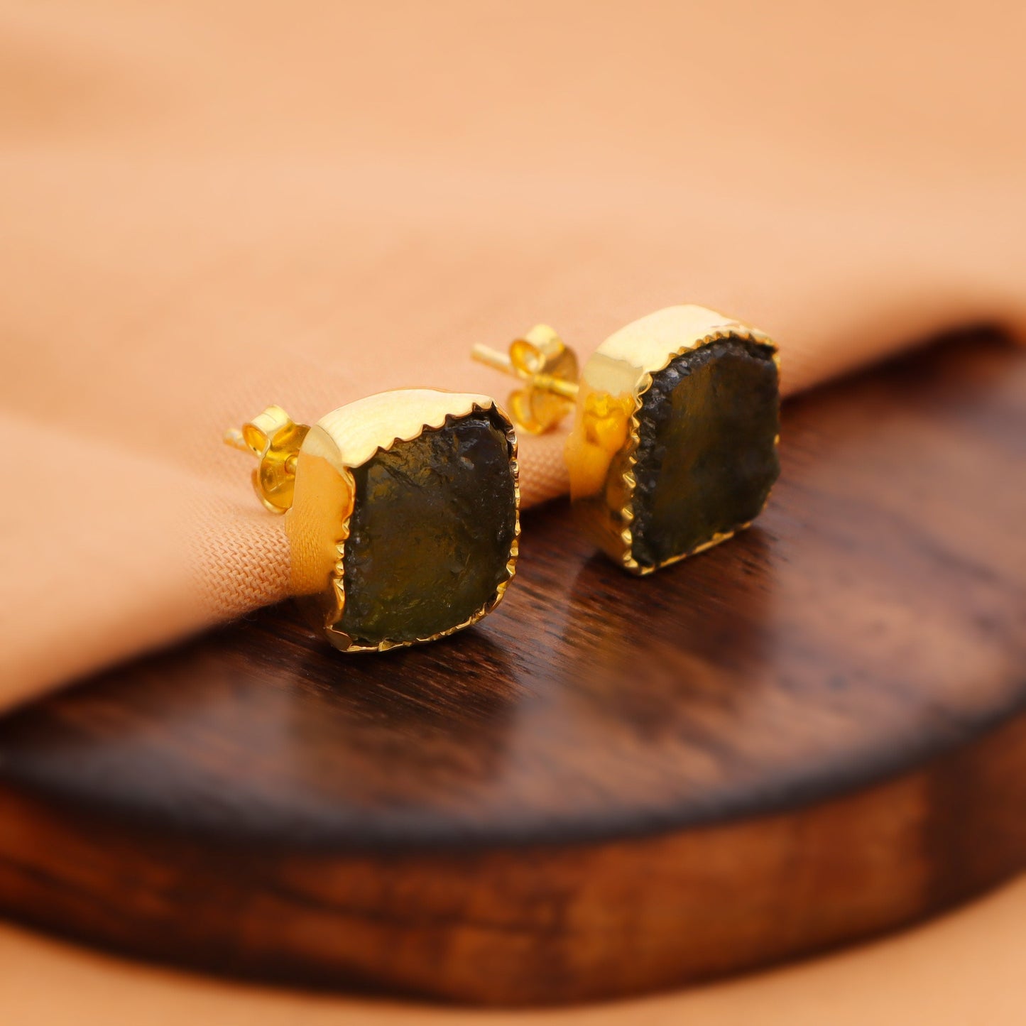 925 Silver Gold Plated Moldavite Gemstone Minimalist Stud Earrings