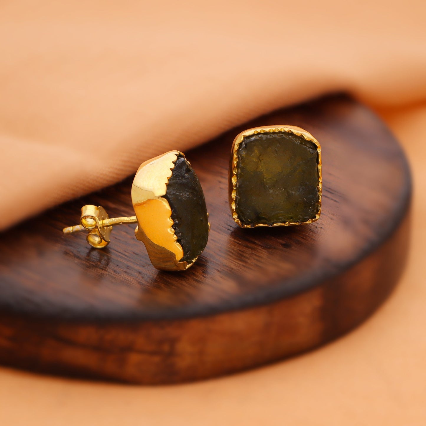 925 Silver Gold Plated Moldavite Gemstone Minimalist Stud Earrings