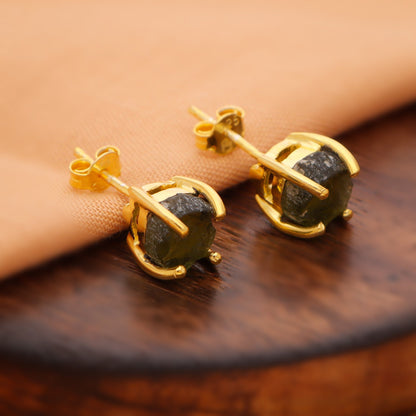 925 Sterling Silver Czech Moldavite Gemstone Minimalist Gold Plated Stud Earrings